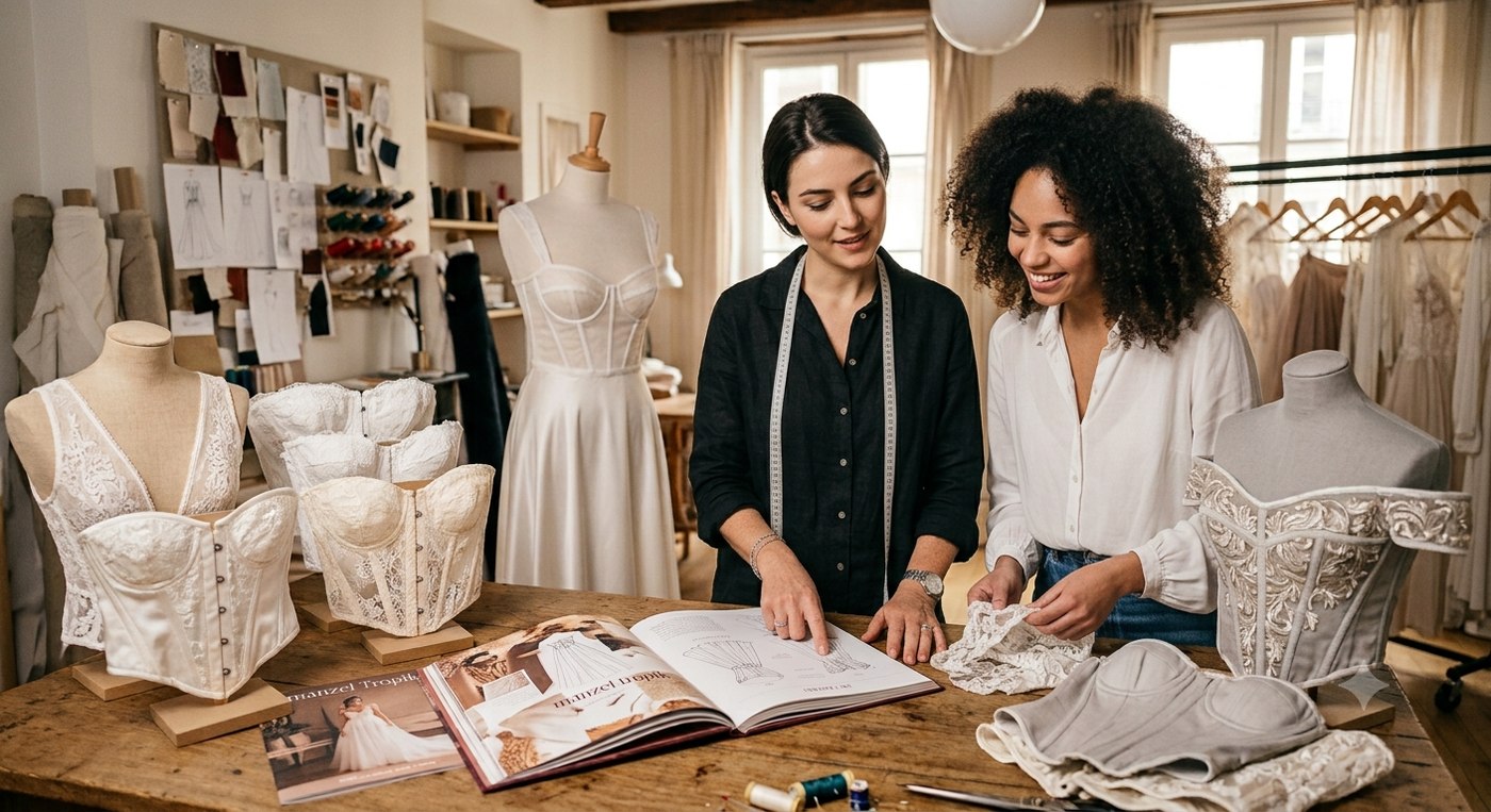 Essayage de bustiers, jupons et dentelles en boutique Manzel Tropik