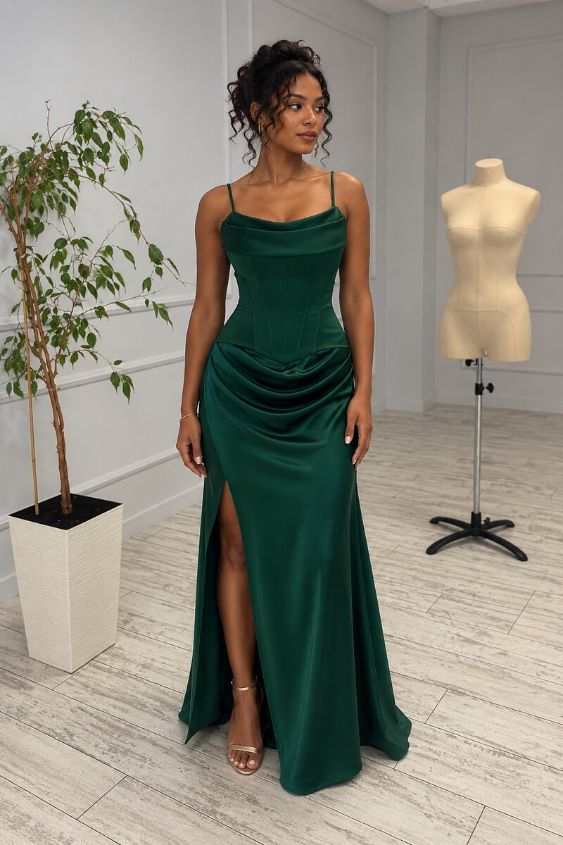 Ensemble demoiselle d'honneur Dahlia en satin vert émeraude : bustier corseté à bretelles fines et jupe drapée fendue