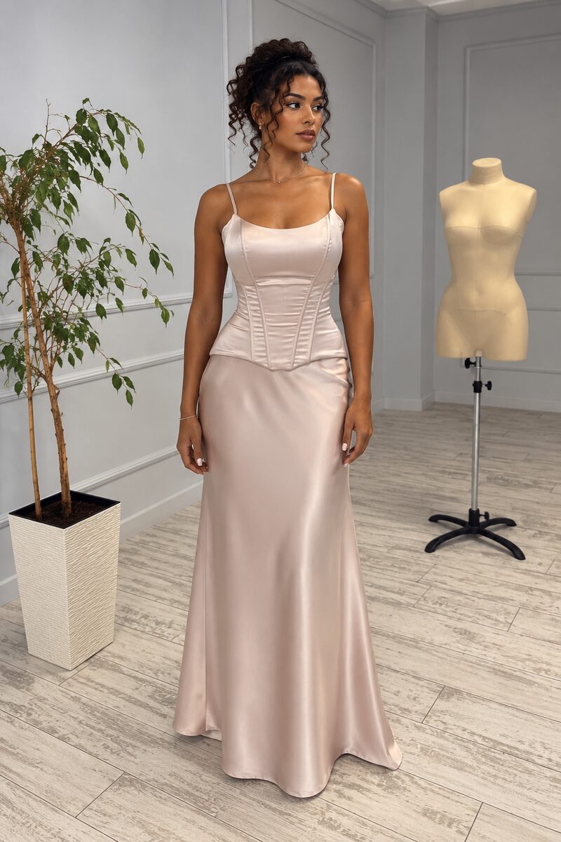 Ensemble demoiselle d'honneur Iris en satin champagne : bustier corseté décolleté rond et jupe fluide