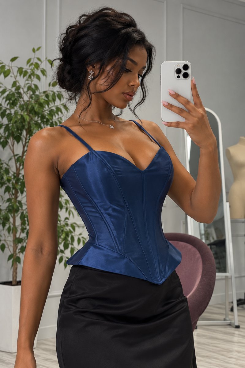 Bustier corseté Nuit en satin bleu marine : décolleté en V, bretelles fines et basque à la taille